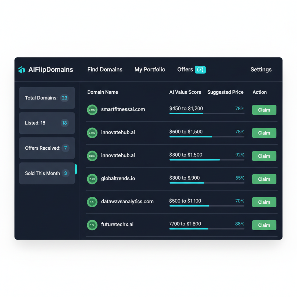 AIFlipDomains dashboard showing AI Value Score recommendations for premium domain names