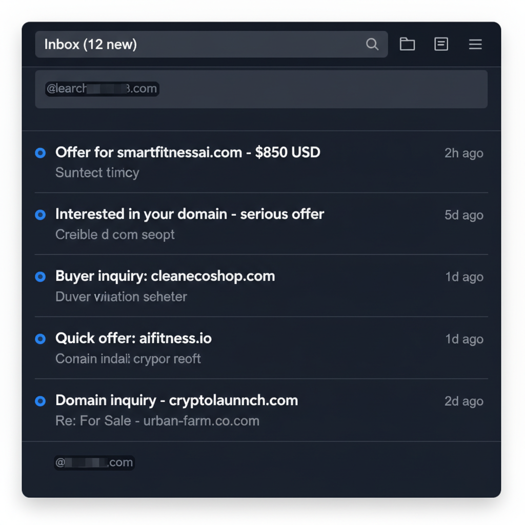 Inbox view showing six domain offer emails with redacted sender addresses