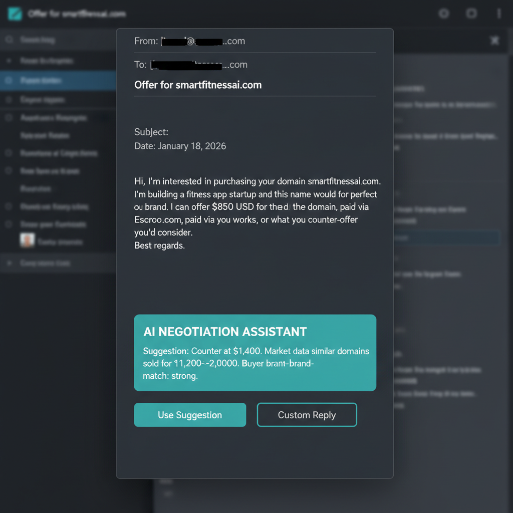 Single offer email with $850 buyer offer and AI Negotiation Assistant suggesting counter at $1,400