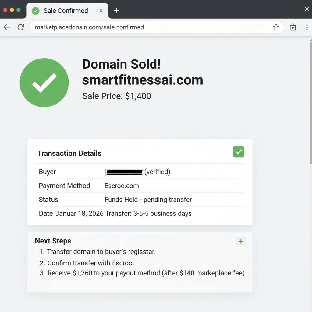 Sale confirmed page showing smartfitnessai.com sold for $1,400 via Escrow