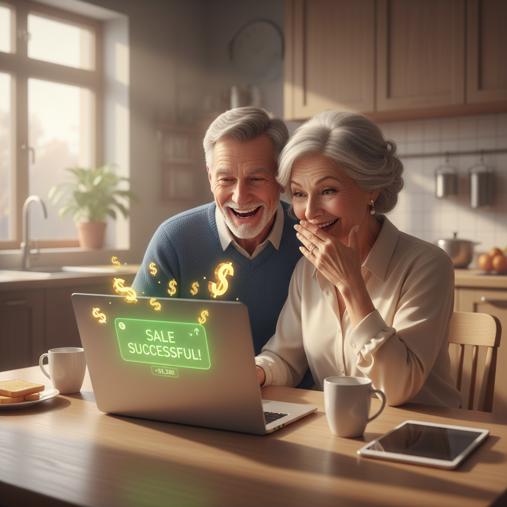 Realistic photo of a couple looking at their first domain sale notification on a laptop