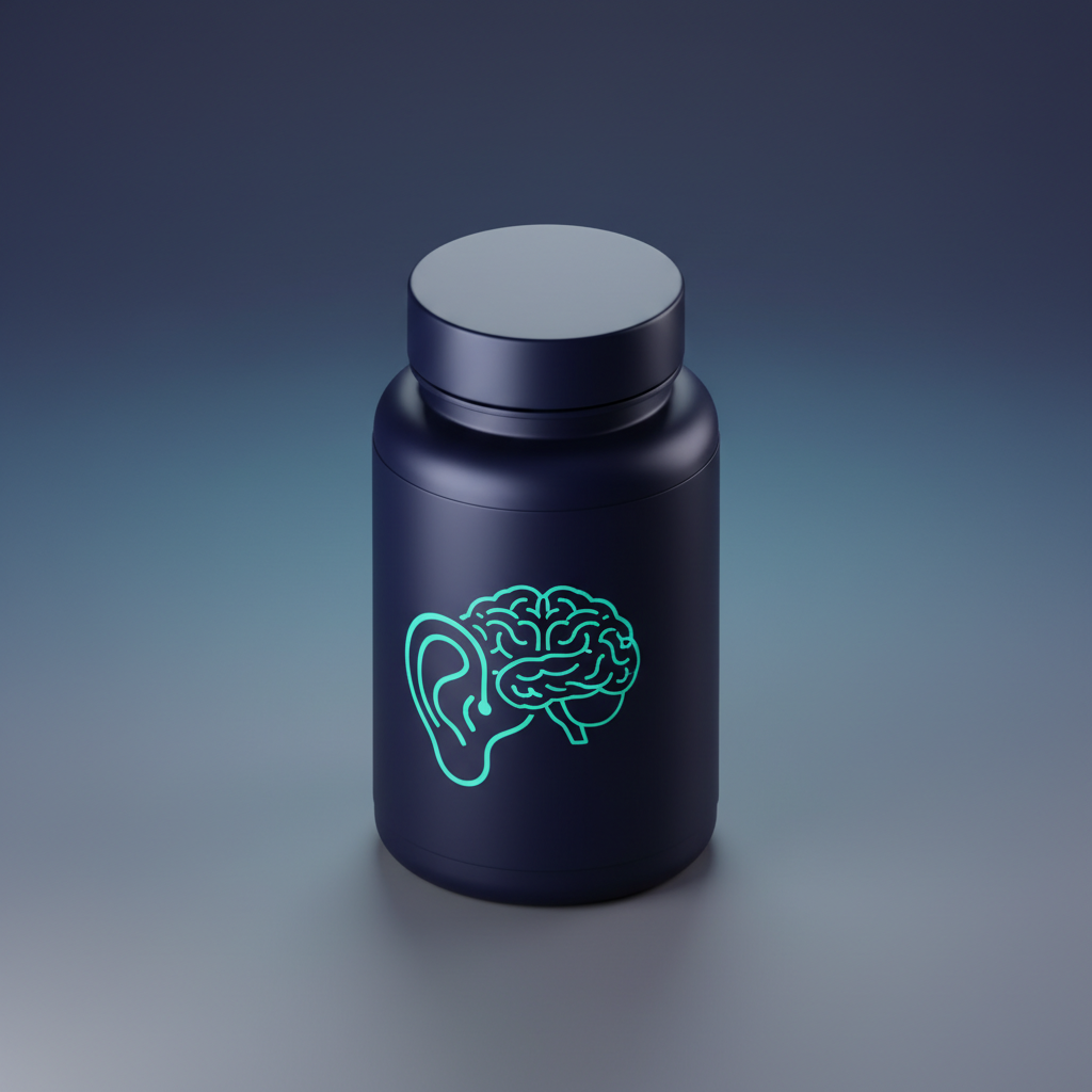 Audifort supplement bottle with ear and brain icons on a dark background