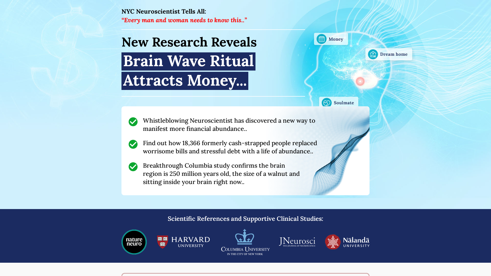 Billionaire Brain Wave review — real sales-page hero showing brain visual + research badges