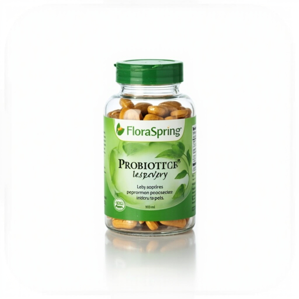 FloraSpring probiotic bottle with label