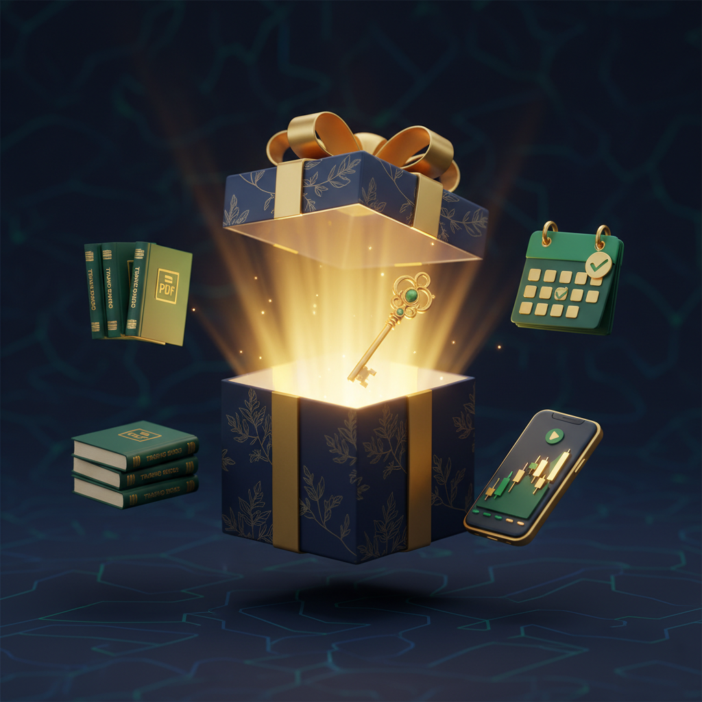 3D illustration of a bonus gift box with trading-related items: PDF, calendar, phone with chart, and a key