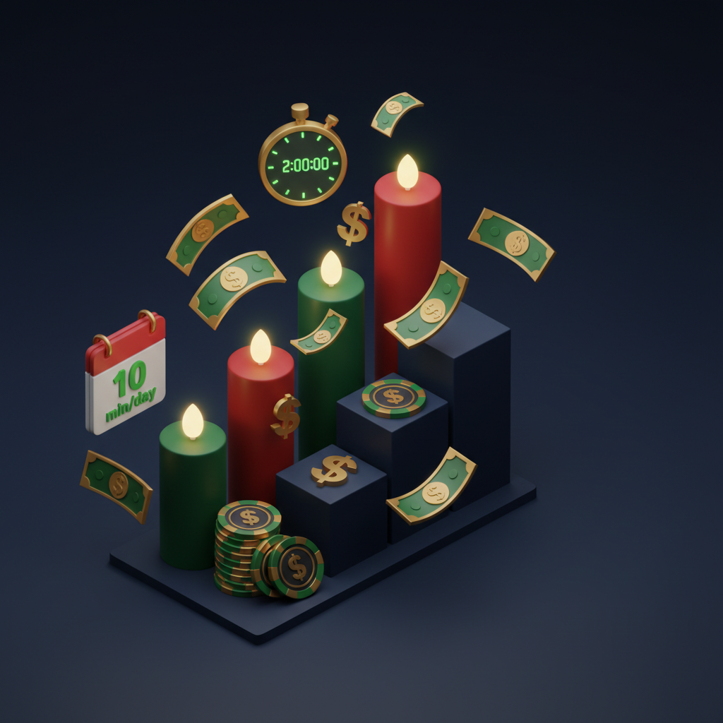 Hero illustration showing four candlestick patterns and profit theme