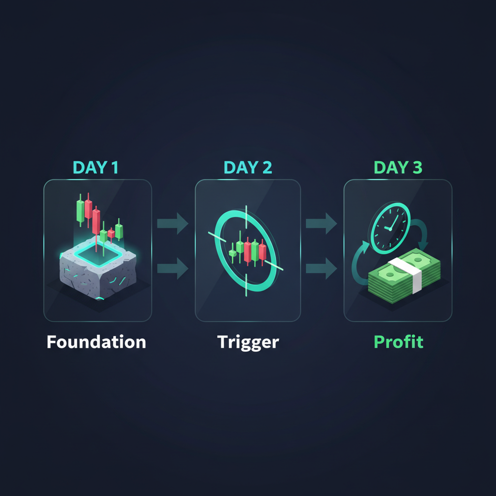 3D infographic of the 3-day workflow: Foundation, Trigger Pattern, 4-Hour Profit Cycle