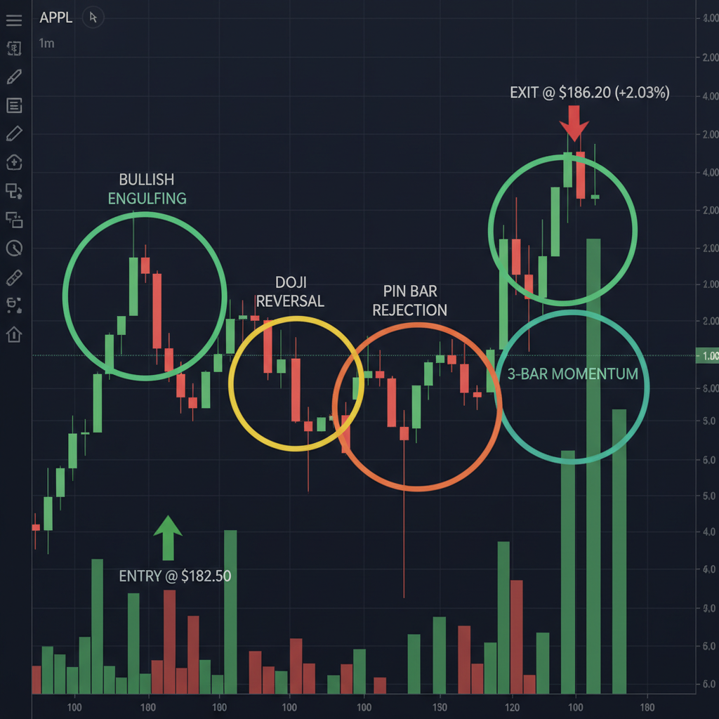 Annotated stock chart showing four candlestick patterns: engulfing bull, doji reversal, pin bar rejection, and 3-bar momentum setup