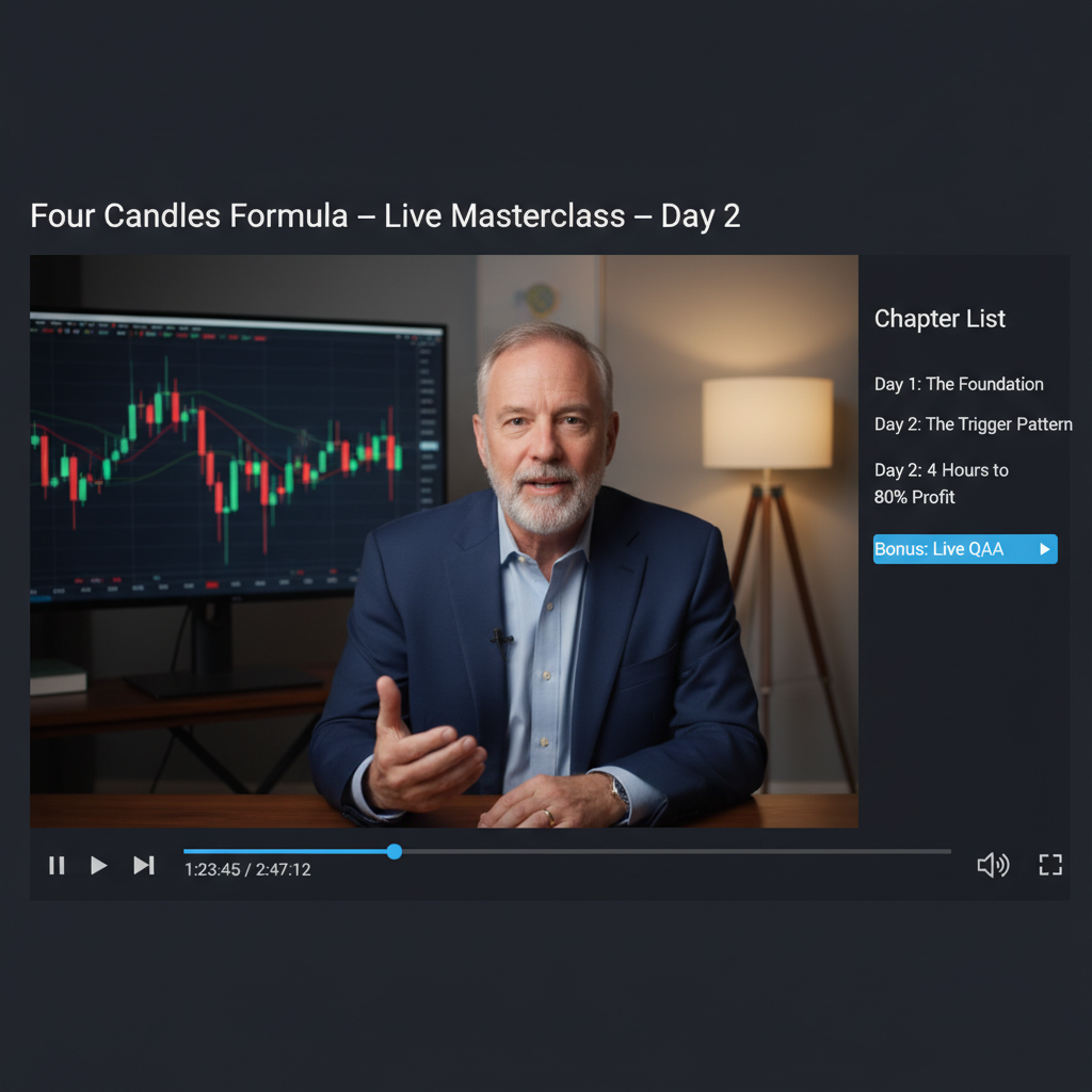 Online masterclass video player interface showing Sean Donahoe teaching with charts on a monitor behind him