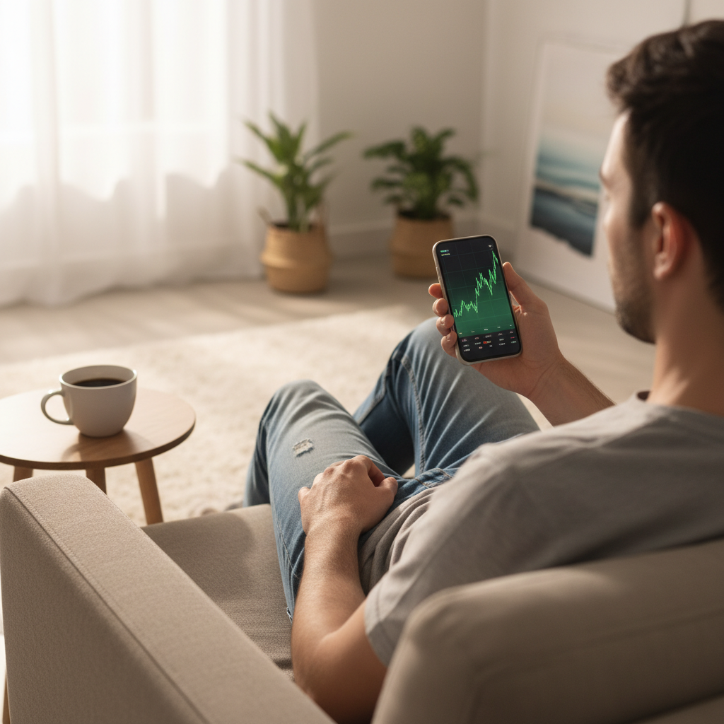 Lifestyle photo showing a relaxed person trading from their smartphone on a sofa with a coffee nearby