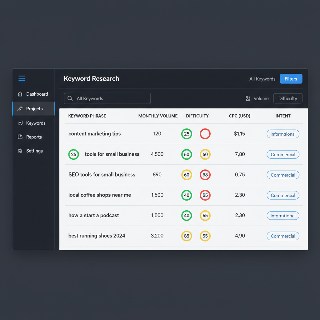 InstaKeywords dashboard showing keyword list with difficulty scores, search volume, and CPC data