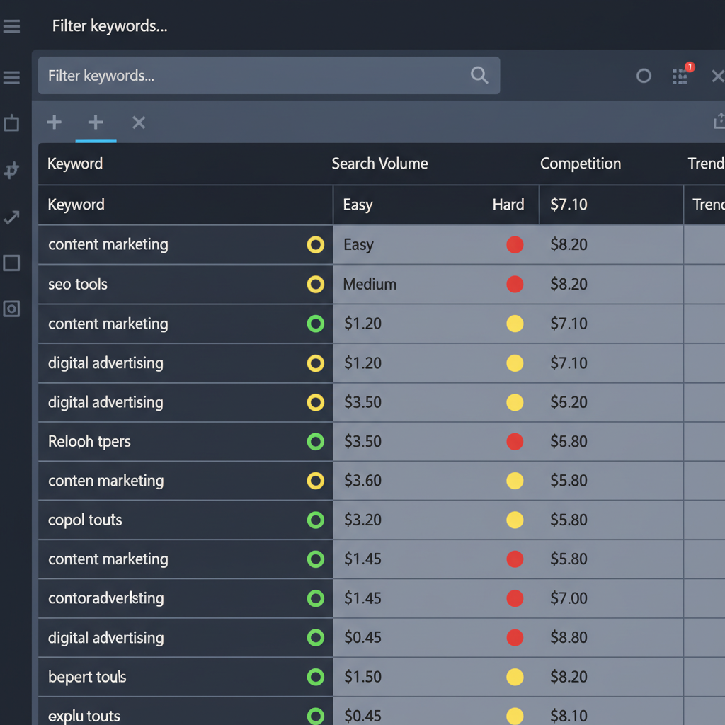 InstaKeywords keyword table showing CPC values ranging from $0.45 to $8.20 per click