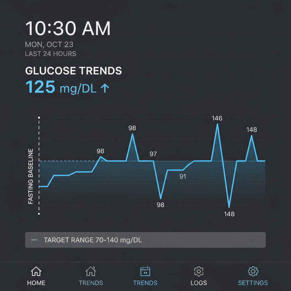 Baseline CGM readings showing fasting glucose averaging 102 mg/dL and post-meal spikes reaching 148 mg/dL