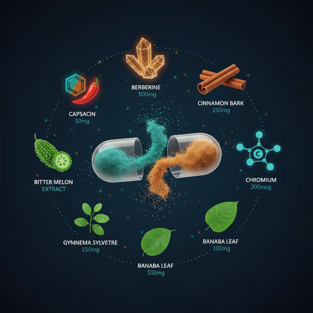 Visual breakdown of InsuLeaf's 8 active ingredients with their dosages and research backing
