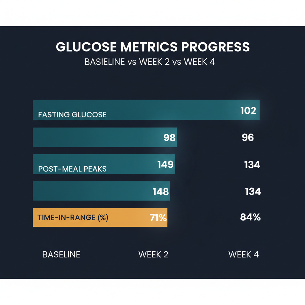Before-and-after comparison chart showing key glucose metrics across baseline, week 2, and week 4
