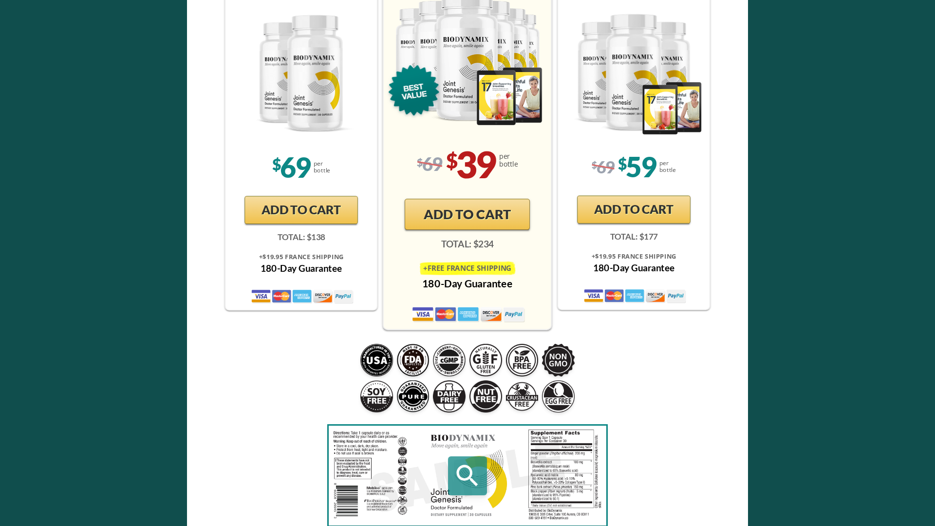Joint Genesis pricing — 3 BIODYNAMIX bottles with 180-day guarantee and quality badges