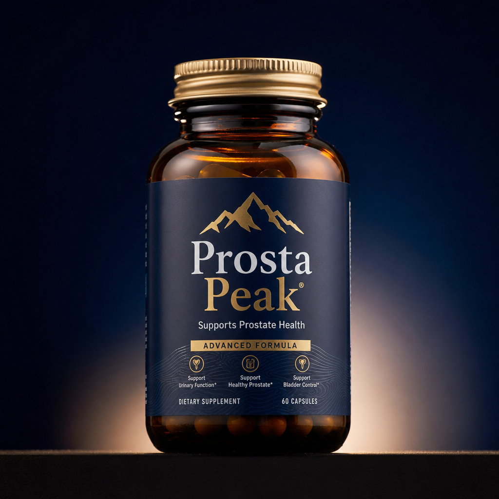 Prosta Peak prostate health supplement bottle on a deep navy background