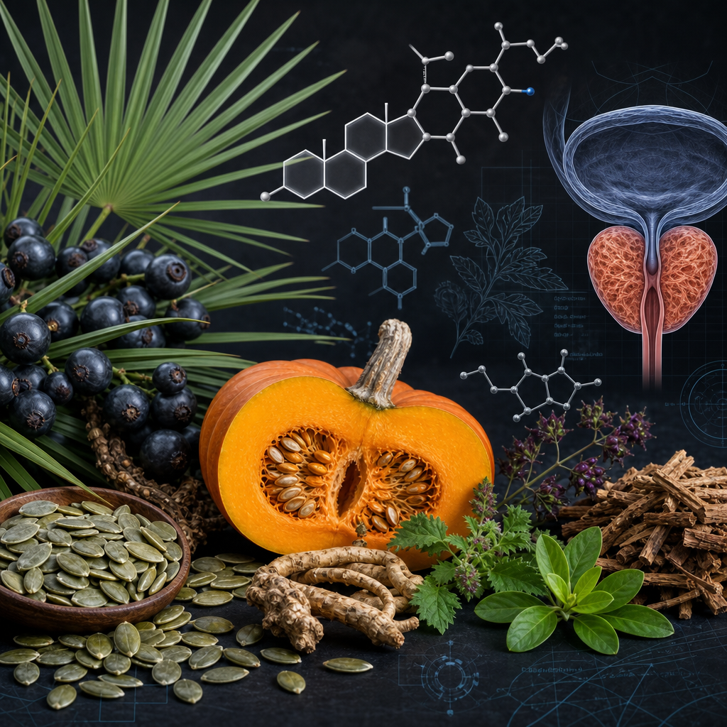 Prostate health botanicals and saw palmetto research illustration