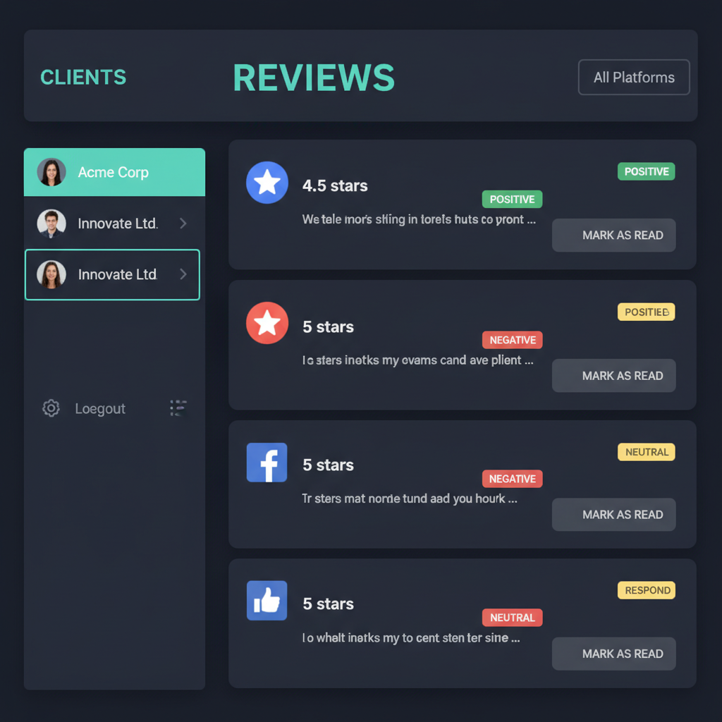 Reputor Advanced main dashboard showing review feed, sentiment breakdown, and client list in dark mode SaaS interface