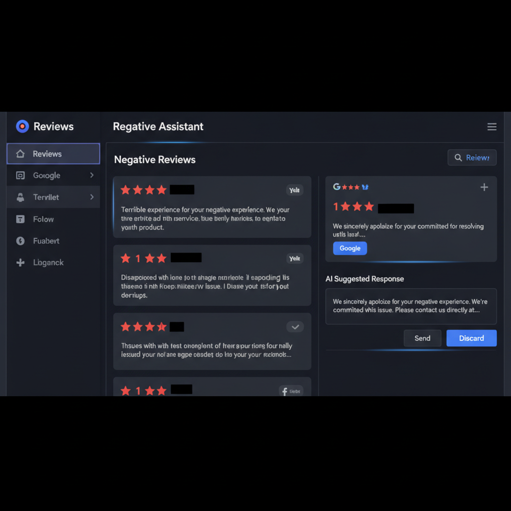 Reputor Advanced review inbox showing filtered view of negative reviews from Google and Yelp with AI-suggested responses visible
