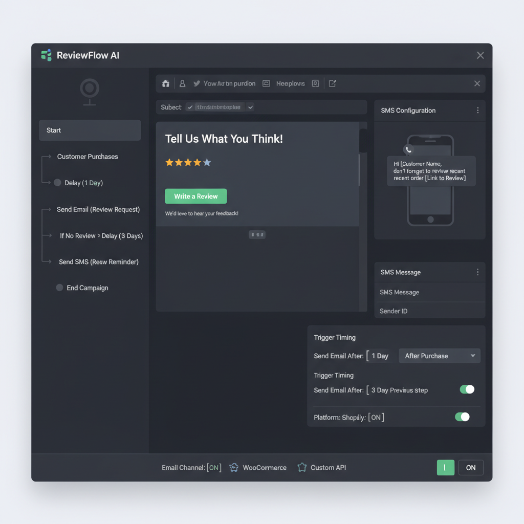 Reputor Advanced campaign builder showing email template editor, trigger timing options, and SMS configuration fields