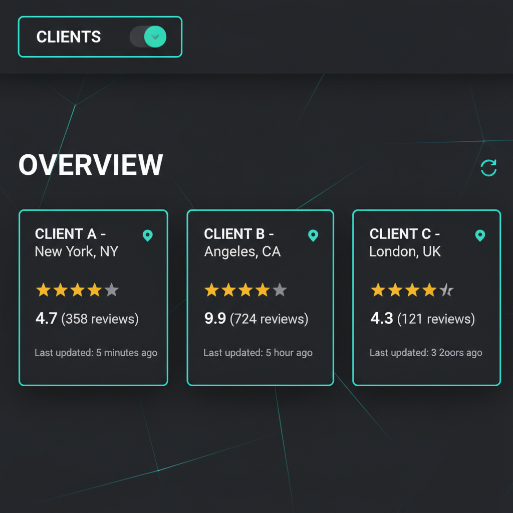 Reputor Advanced white-label agency dashboard showing three client locations with individual review summaries and rating trends