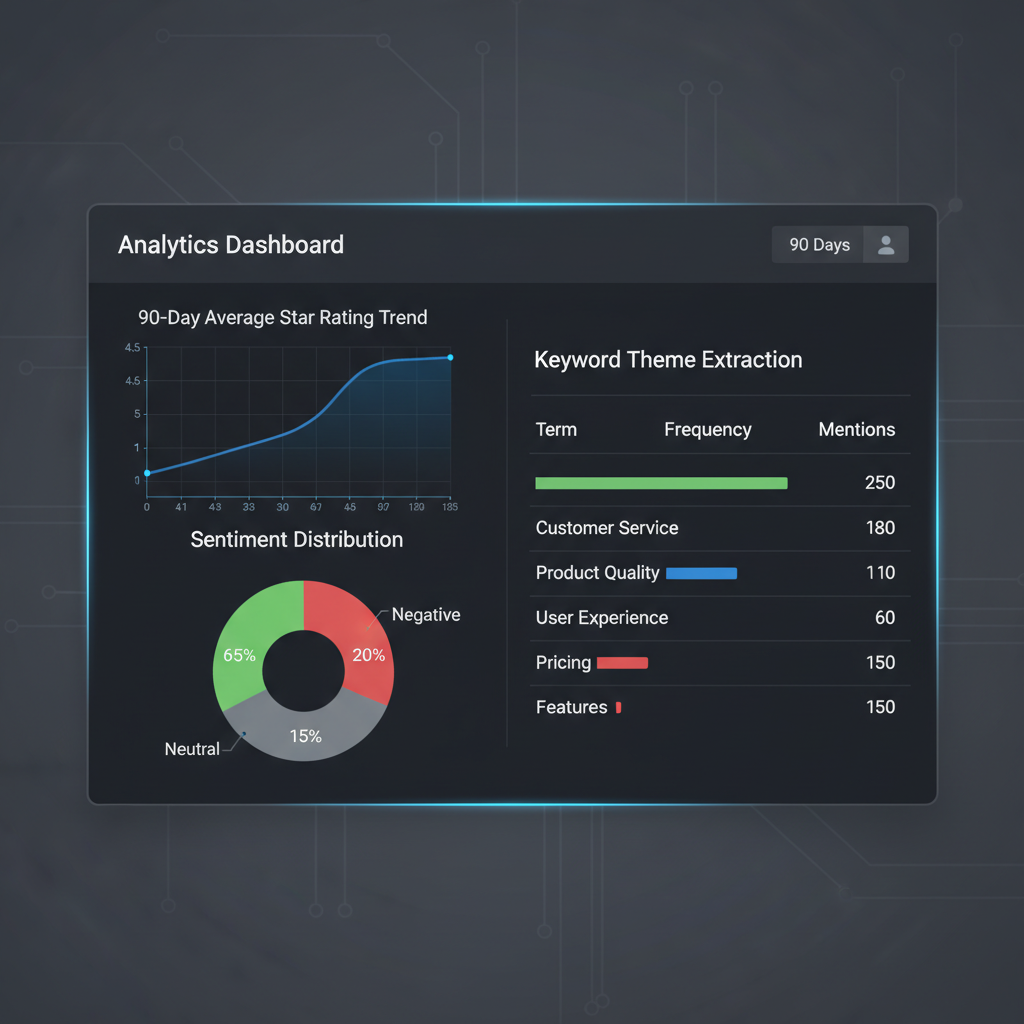 Reputor Advanced analytics panel showing 90-day rating trend graph, sentiment distribution pie chart, and keyword theme extraction table
