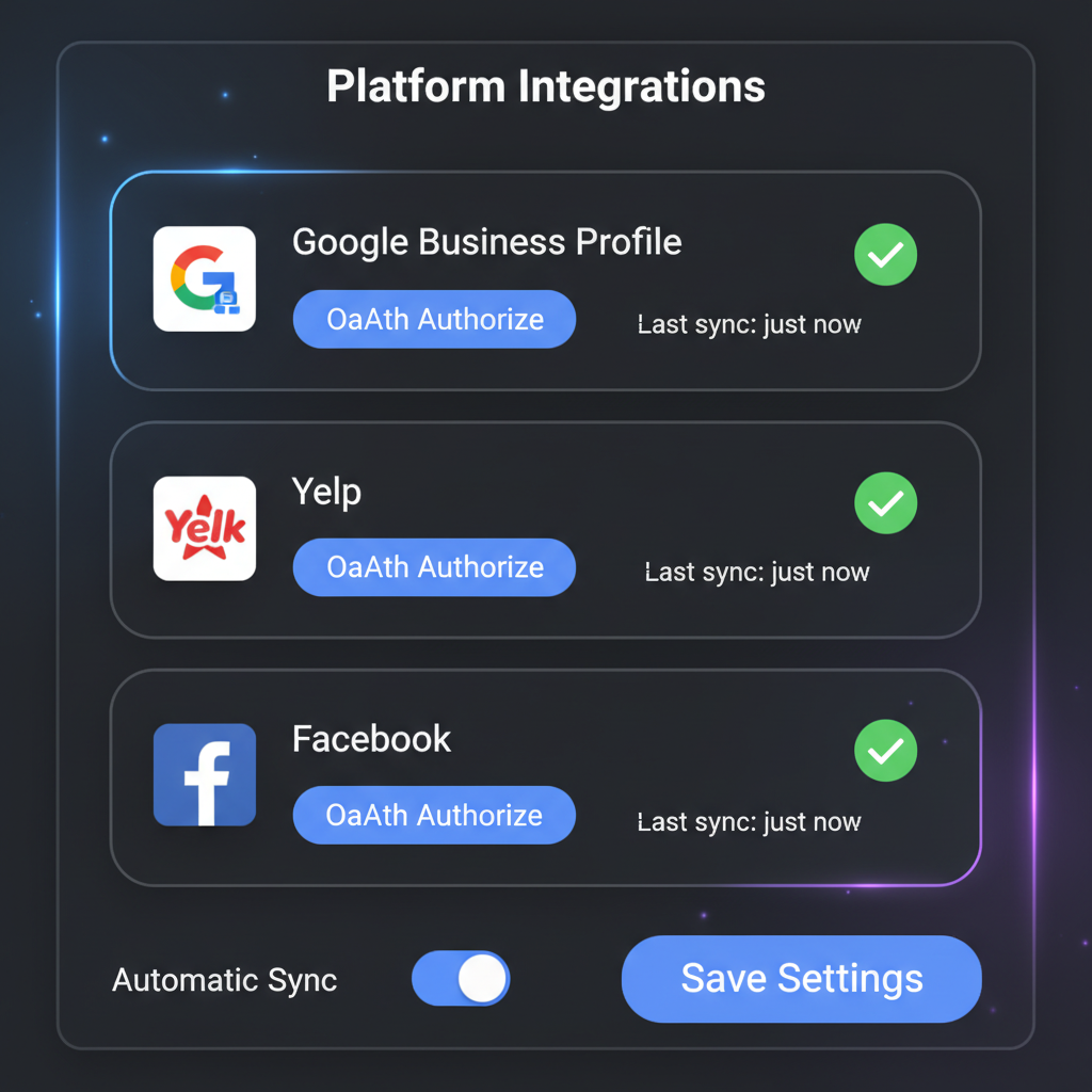 Reputor Advanced platform integration panel showing connected Google Business Profile and Yelp for Business accounts with sync status indicators