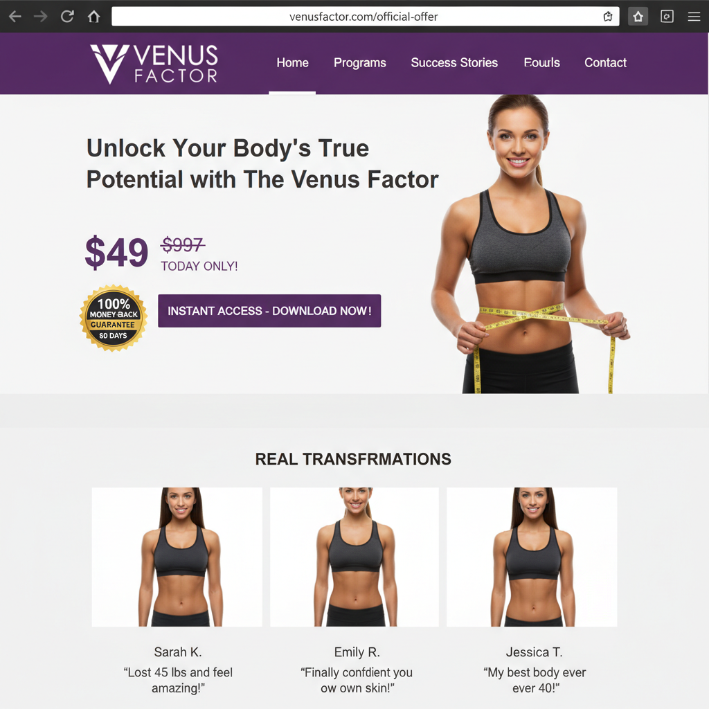 Venus Factor official sales page screenshot showing pricing and refund guarantee
