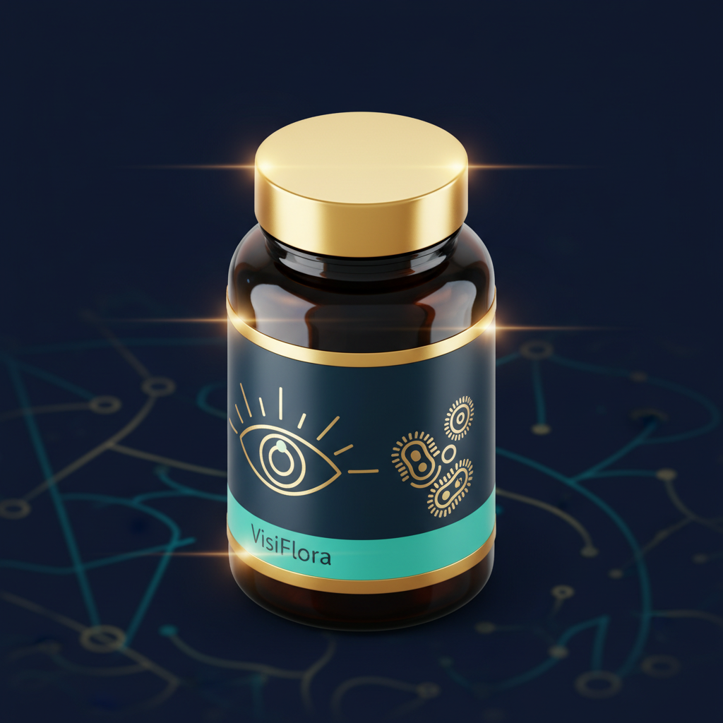 VisiFlora gut-eye connection supplement bottle with eye and gut icons representing the microbiome vision support formula