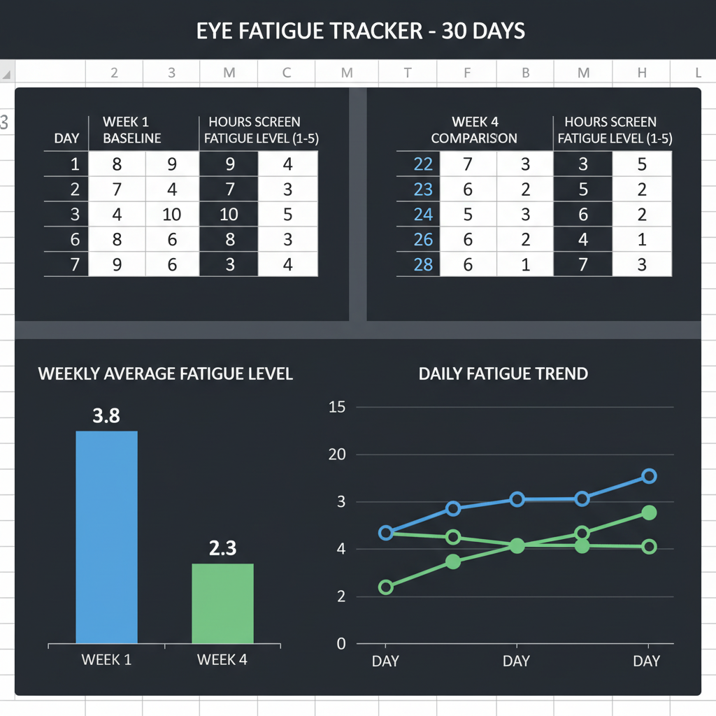 Spreadsheet showing daily eye fatigue scores comparing Week 1 baseline vs Week 4 after VisiFlora — 7-day rolling averages graphed