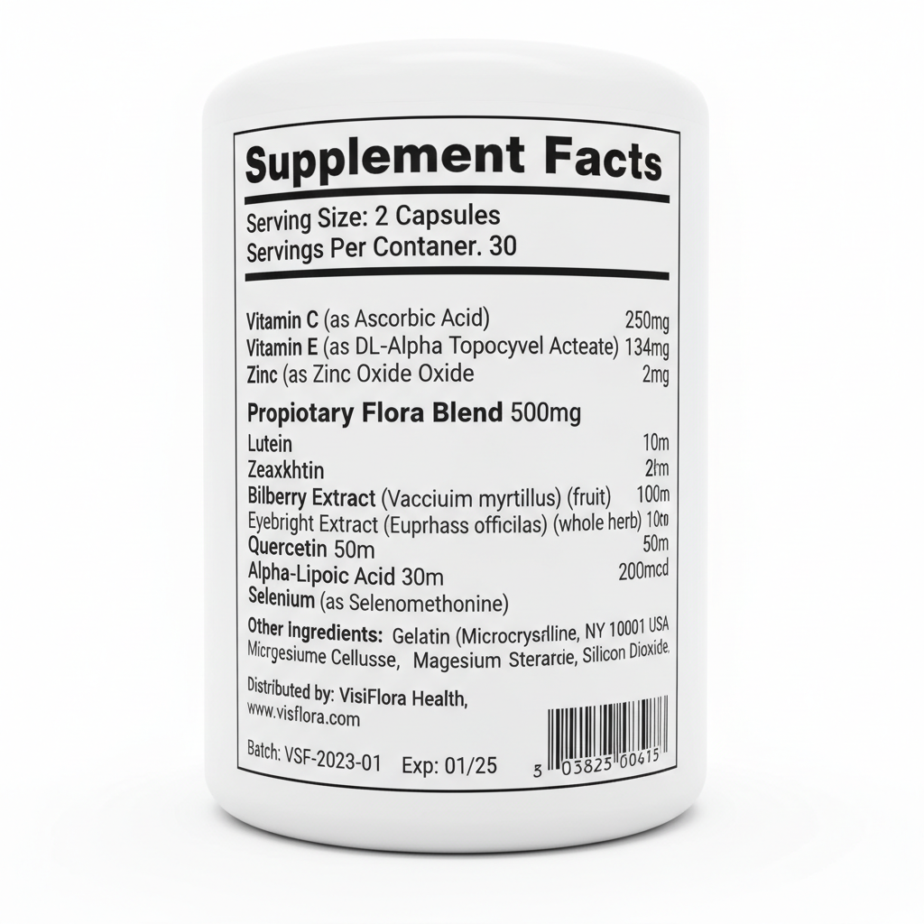 VisiFlora supplement facts label showing all active ingredients, doses, and inactive ingredients list
