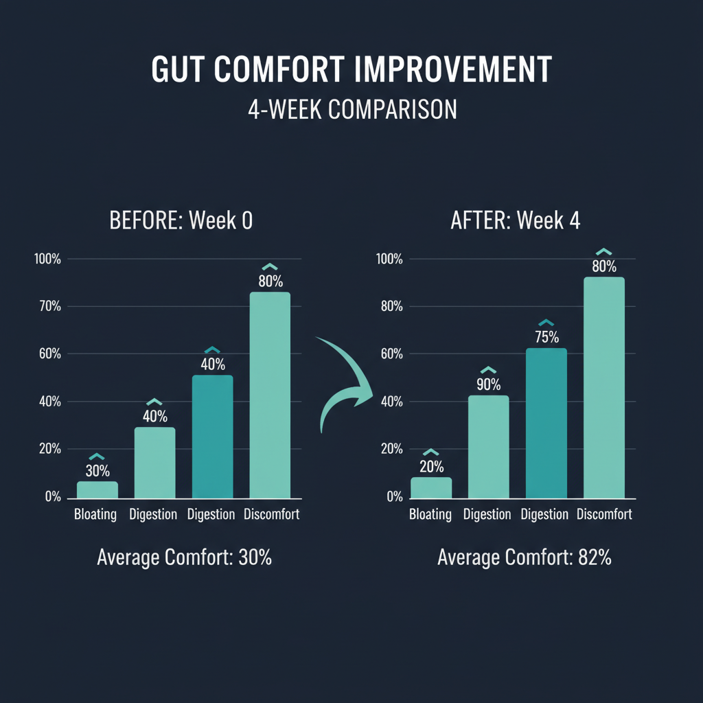 Side-by-side comparison of Week 1 vs Week 4 digestive comfort scores and food sensitivity notes from tracking spreadsheet